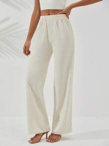 RueChic Women Side Panel Embroidery Linen Pants - Beige - View 1