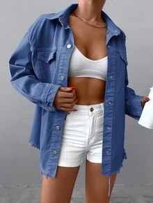 SHEIN Cottnline Cazadora mezclilla con bolsillo con solapa bajo crudo - Azul - Ver 4