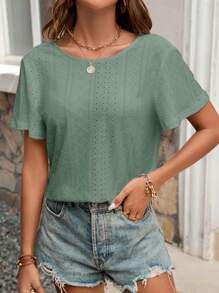 SHEIN Frenchy Camiseta de verano para mujer con borde de concha bordado y espalda hueca en unicolor, con textura de tela y decoración de hebilla de metal para la temporada de bodas. Camisetas cortas de manga corta perfectas para vacaciones de primavera y ocasiones boho - verde menta - Ver 4