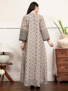 Elegant Round Neck Long Sleeve Geometric Embroidery Regular Modest Dress, Kaftan - Apricot - View 2