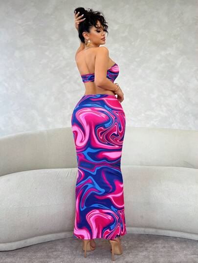 SHEIN SXY Ladies' Tie Dye Slim-Fit Hollow Out Bandeau Vacation Dress