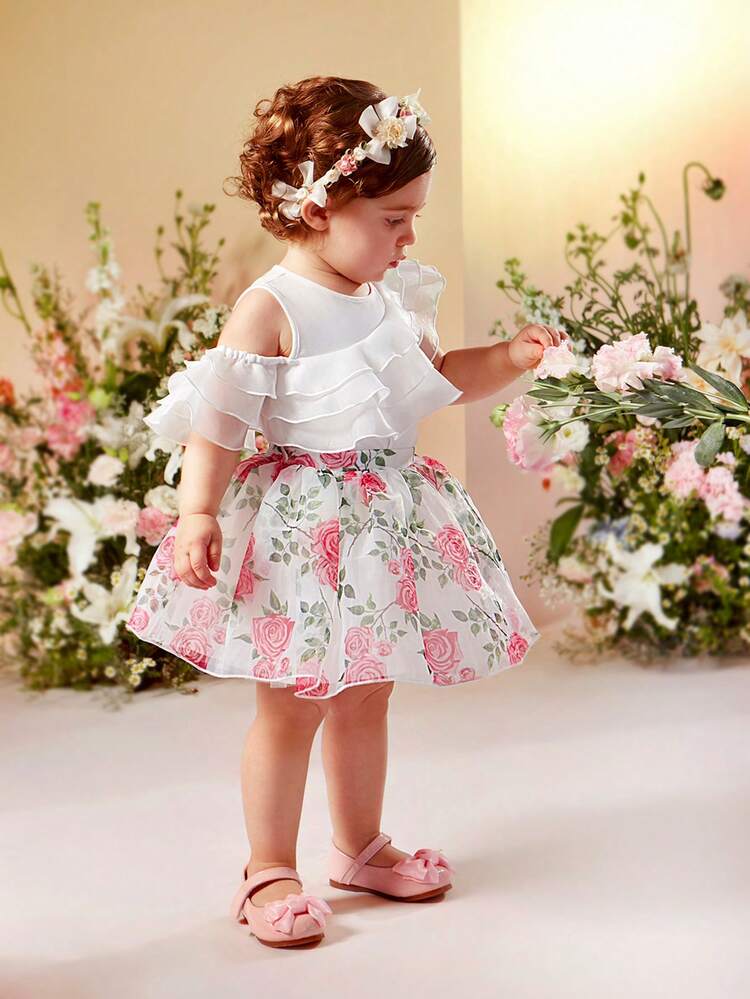 Baby Girl Elegant Knitted Patchwork Organza Ruffled Cold Shoulder Top With Elastic Waist And Organza Floral Design Skirt, Suitable For Summer