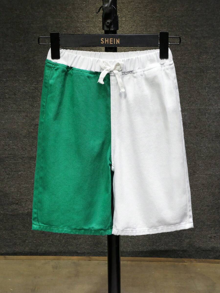 SHEIN Bermudas informales de mezclilla holgadas con pierna recta de bloques de color para niños preadolescentes, para el verano