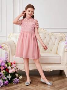 SHEIN Vestido de malla bordado de manga corta para niña preadolescente para fiesta de graduación de primavera/verano - Rosa - Ver 3