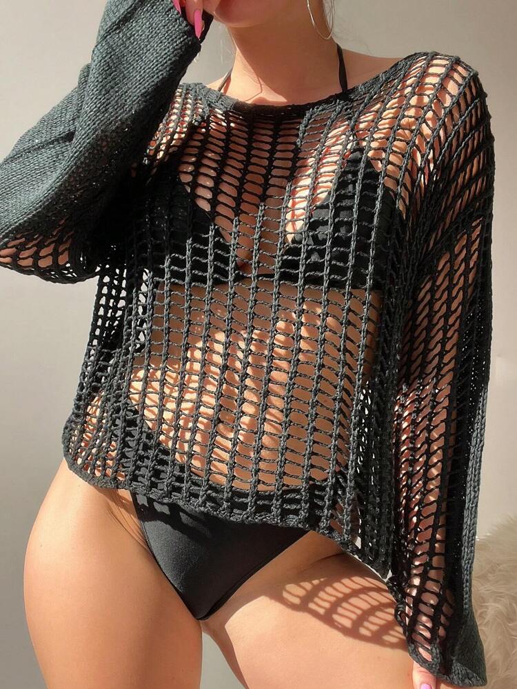 Women's Vacation Solid Color Round Neck Hollow Out Batwing Sleeve Loose Cover-Up Top Summer