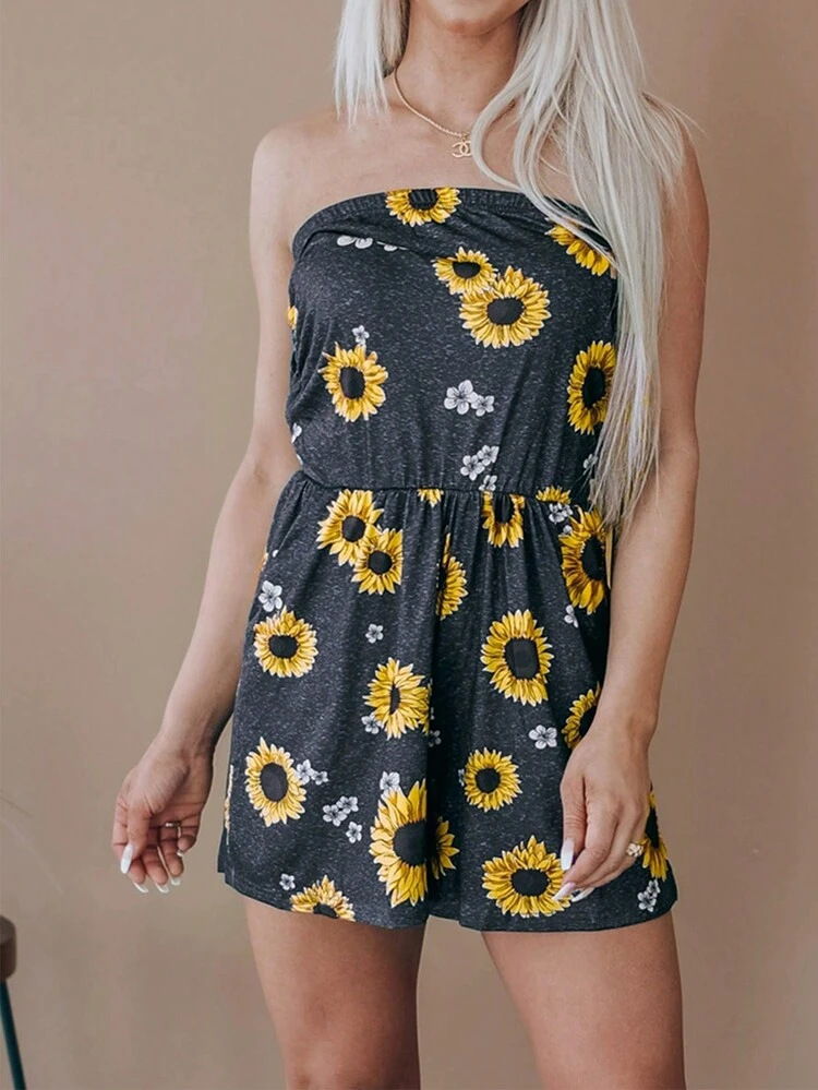 Ladies' Sunflower Printed Strapless Jumpsuit For Vacation And Leisure