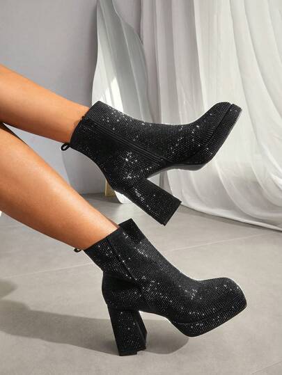 Women Shoes Zipper Side Outdoor Chunky Heeled Fashion Boots, Elegant Classic Boots Valentine's Day