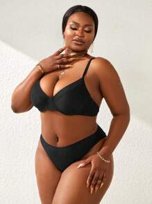 Slaydiva Plus Size Solid Color Bikini Set With Spaghetti Straps And Triangle Bottoms, Summer Beach Pool Two-Piece Bikini Set - Black - View 6