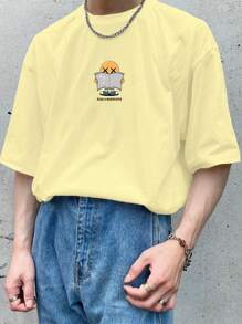 Manfinity Hypemode Camiseta casual de verano para hombre con cuello redondo, manga corta y estampado de letras de dibujos animados