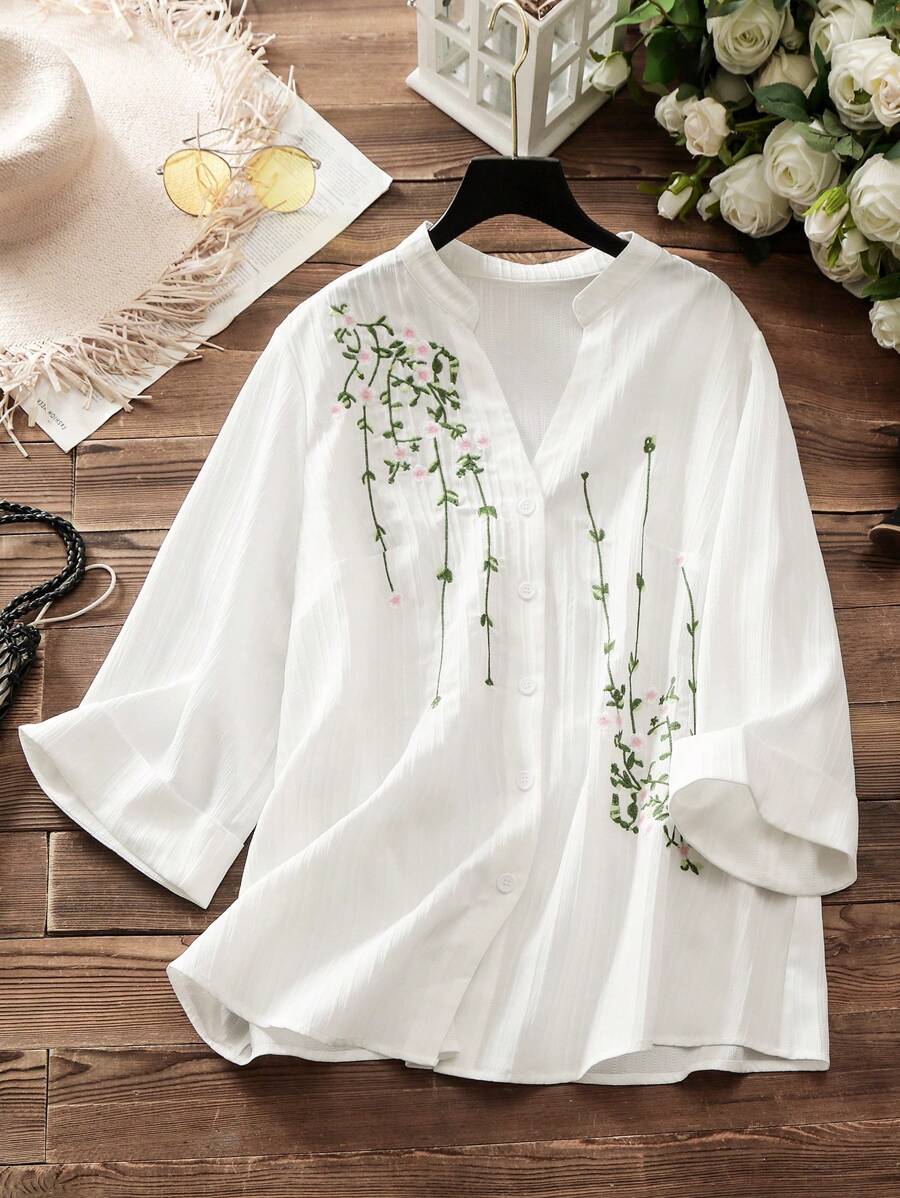 Lacomfia Plus Size Women's Embroidered Minimalist Daily Wear Shirt - White - View 1