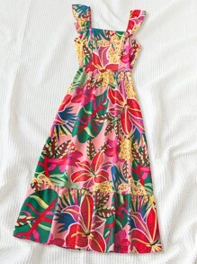 SHEIN 少女度假花卉印花方领盖袖长裙，夏季连衣裙