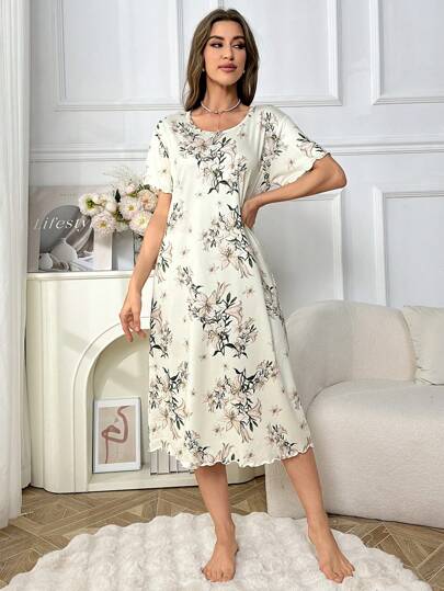 Bloemen Print Short Sleeve Shirt Pajama Night Dress, Moo Sleep Dress view 3