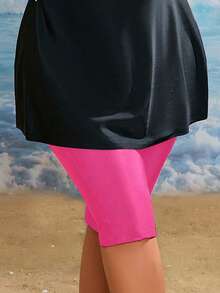 SHEIN Swim Curve 大码女式纯色休闲百慕大短裤、泳裤夏季 - 粉色 - 查看 3