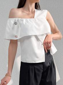 Modelyn Women's Summer Casual Solid Color Asymmetric Collar Open Slit Shirt - White - View 5