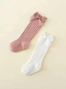 2 Pairs Baby Girls' Bowknot Princess Style Solid Color Mid-Calf Socks - Multicolor - View 3