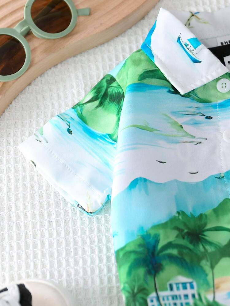 3pcs/Set Infant Boys' Beach-Theme Printed Short Sleeve Shirt, Tank Top And Shorts Vacation Outfits, Spring/Summer