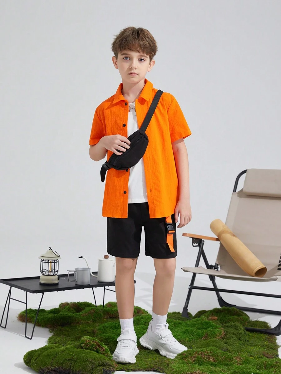 SHEIN Leap Crew Tween Boy 4 件纯色衬衫 & T 恤 & 斜挎包 & Cool Tape 运动短裤 - 彩色 - 查看 1