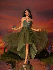 Vestido de noche verde con malla de cuentas para mujer, alargando las piernas