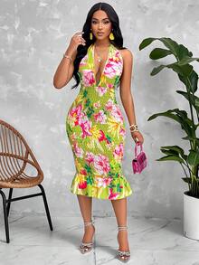 Women'S Sexy Floral Print Backless Halter Ruched Bodycon Dress (Random Print) - Green - View 6