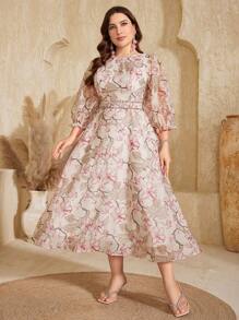 Plus Size Non-Positional Flower Round Neck Silk Chiffon Lantern Sleeve Floral Printed Waistband With Beads Elegance & Style Maxi Formal Dress Elegant Cocktail Semi Formal Prom Wedding Guest Dress, For Birthday, Graduation, Dinner, Homecoming - Pink - View 6