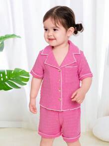 SHEIN Baby Girl Casual Color Block Short Sleeve Cardigan With Elastic Waist Shorts Home Outfit Set (4pcs) - Hot Pink - View 6