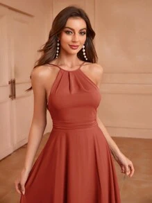 Aureia 成人伴娘礼服，带露背、低背、收腰、喇叭裙、不对称荷叶边下摆优雅连衣裙 - 鏽棕色 - 查看 7