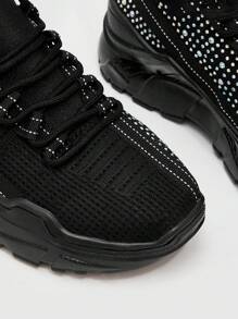 女士運動鞋，字母圖形綁帶前後跟厚底鞋，運動鞋，休閒鞋 - 黑色 - 查看 5