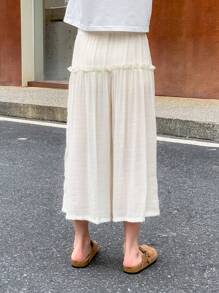 SHEIN Tween女孩純色簡約休閒度假長褲 - 杏色 - 查看 5