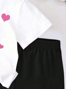 SHEIN Leap Crew Two Pieces Outfits, Summer Sets, White Top, Black Shorts, Baby Girl Casual Simple Cartoon Cat Pattern Short Sleeve Set, Suitable For Spring And Summer - Multicolor - View 4