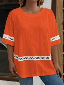 SHEIN LUNE Plus Size Solid Color Round Neck Lace Splice Casual Shirt For Summer - Orange - View 3