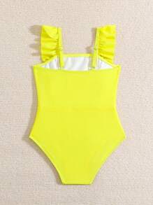 Young Girl Solid Color Square Neck Ruffled One-Piece Swimsuit, Summer Beachwear