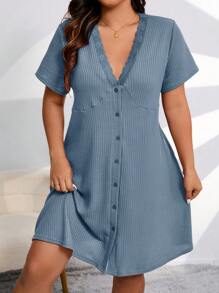 Plus Size Áo len dệt kim cổ chữ V màu trơn có ren chắp vá và đường viền hoa, váy ngủ Váy ngủ Pajama - Màu xanh bụi bặm - Xem 4