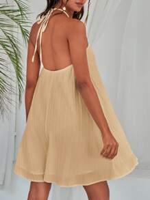 SHEIN VCAY 女性時尚夏季純色垂直條紋海灘度假風格連衣裙 - 卡其色 - 查看 2