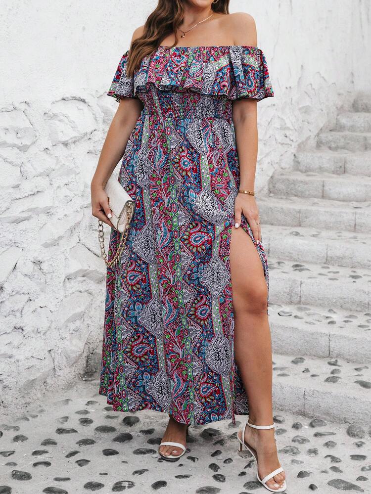 Plus Size Women's Stylish Summer Printed Off Shoulder Dress