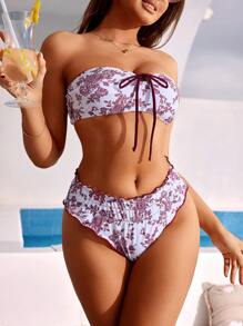 SHEIN Swim 女士花卉印花抹胸系腰性感比基尼套装，适合夏季度假 - 紅白色 - 查看 4