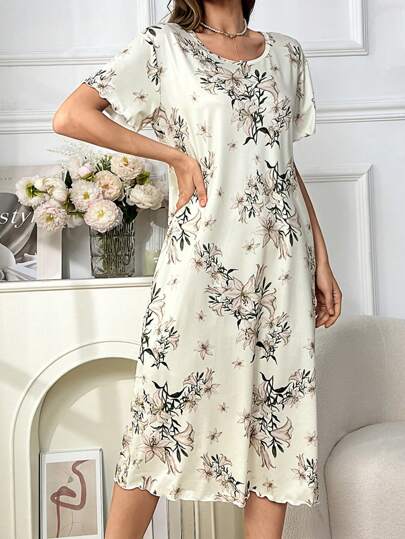 Bloemen Print Short Sleeve Shirt Pajama Night Dress, Moo Sleep Dress view 4
