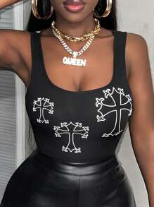 Slaydiva Top corto con cuello en U y estampado cruzado de moda urbana - H