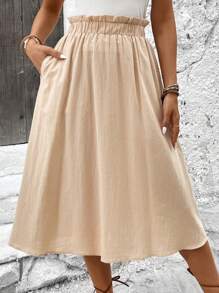 SHEIN LUNE Falda casual de mujer color caqui con dobladillo plisado y bolsillos - Caqui - Ver 6