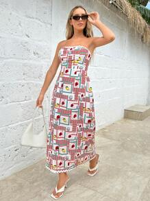 SHEIN Essnce Women's Summer Fruit Printed Maxi Strapless Casual Dress - Multicolor - View 3