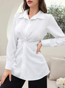 Seusyu Women's Spring/Summer Solid Color Casual Shirt With Waist Pleats And Buttoned Hem
