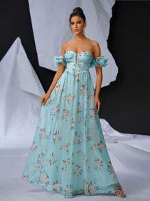 SHEIN Belle 優雅浪漫的假日氛圍淺薄荷綠色閃亮雪紗數碼印花無肩帶洋裝，帶有可拆卸的荷葉邊袖，深V領和透視網格覆蓋，飄逸的超大A字型洋裝，非常適合約會、畢業典禮、婚禮、派對、舞會、晚宴等場合 - 薄荷綠 - 查看 5