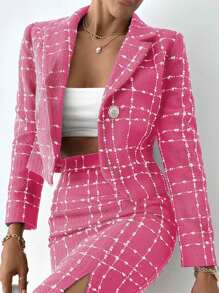 EURMUSE Plaid Pattern Lapel Neck Crop Overcoat - Pink - View 4