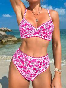 SHEIN Swim Women's Floral Print Sexy Bikini Set For Beach Vacation, Random Print,Summer Beach