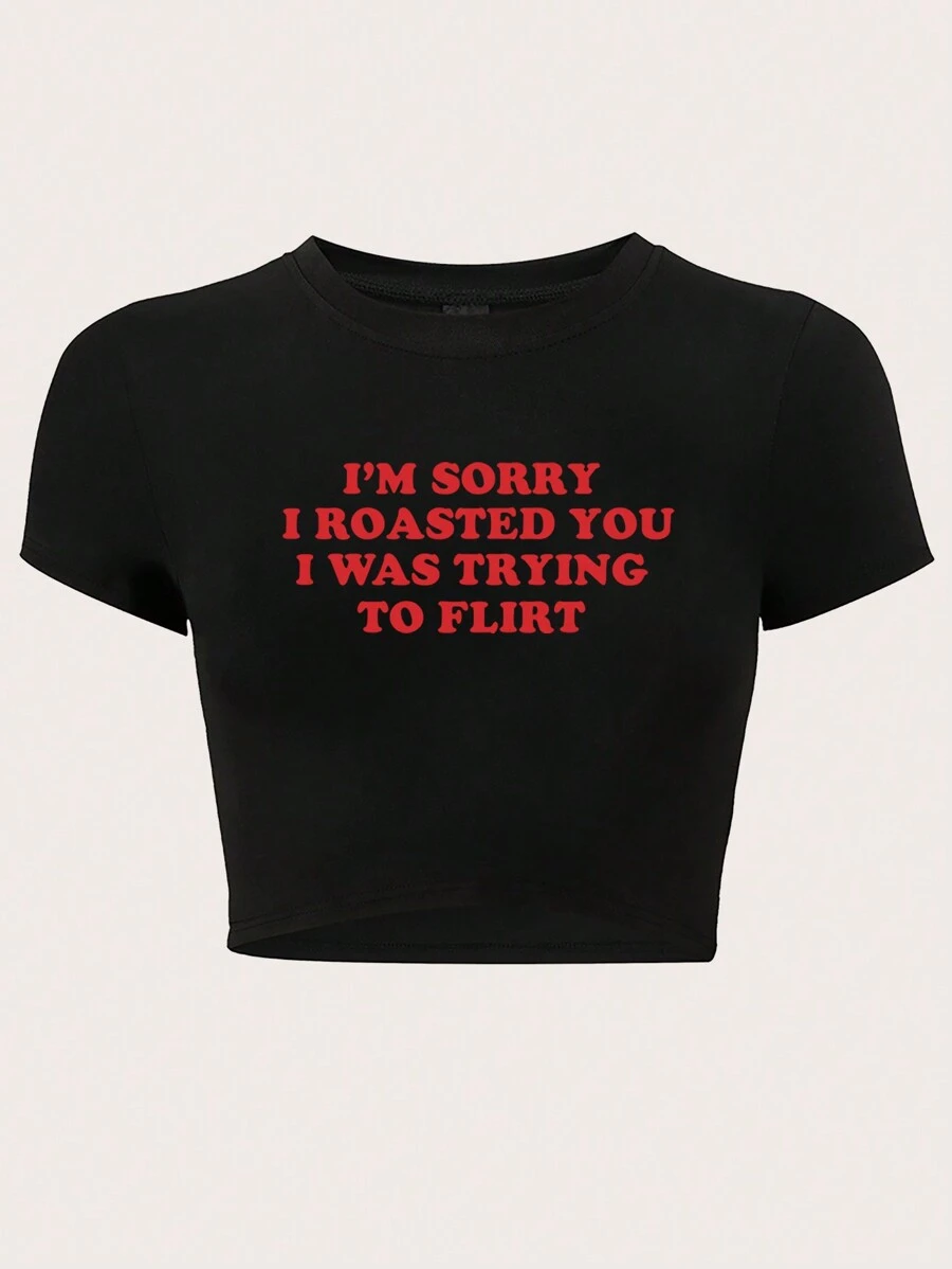 SHEIN EZwear Women's Summer Y2K Red Letter Print Crop Top T-Shirt I'M SORRY I ROASTED YOU I WAS TRYING TO FLIRT