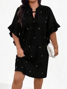 SHEIN Clasi Váy trang trí đính hạt đơn giản hàng ngày màu trơn cỡ lớn cho nữ, mùa hè - màu đen - Xem 4