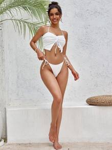 SHEIN Swim Top de biquíni de verão feminino liso com cordão franzido e Shorts de natação com laço - Branco - Ver 7