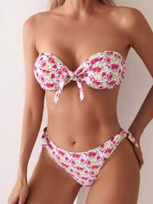 Swim Mod Women's Floral Printed Bandeau Bikini With Knot Front, Random Pattern, Ideal For Beach Vacation Summer - Multicolor - View 1