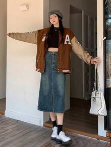 Casual And Stylish Denim Skirt With Washed And Split Design