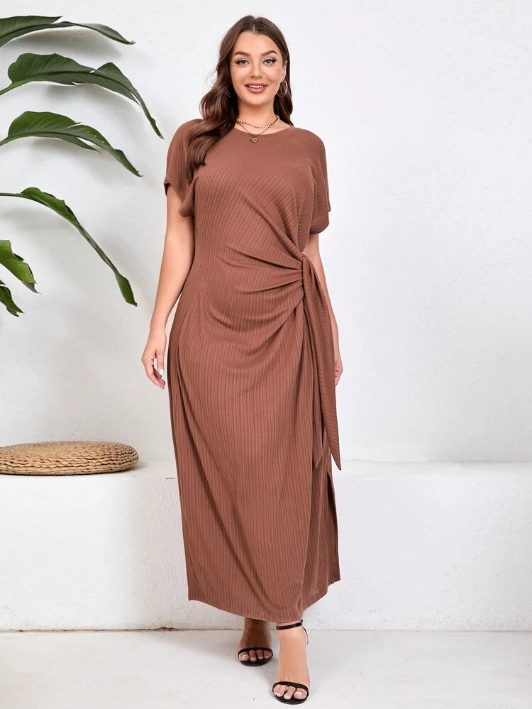 Plus Size Summer Elegant Short Sleeved Solid Color Round Neck Slit Twist Knot Design Midi Dress