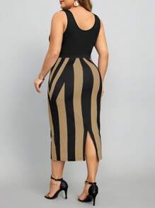 SHEIN Lady 大尺碼夏季休閒條紋拼色修身無袖連衣裙 - 卡其色 - 查看 2